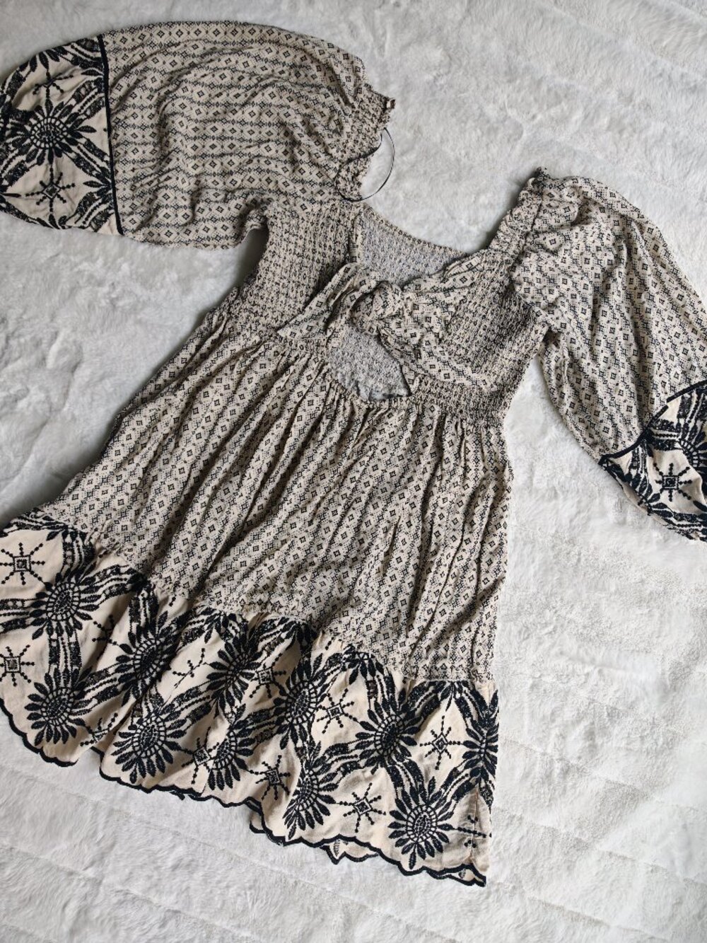 Tribal Femme French Oak Embroidered Mini Dress 2-Way Wear Boho Smocked Dress L - Picture 10 of 15